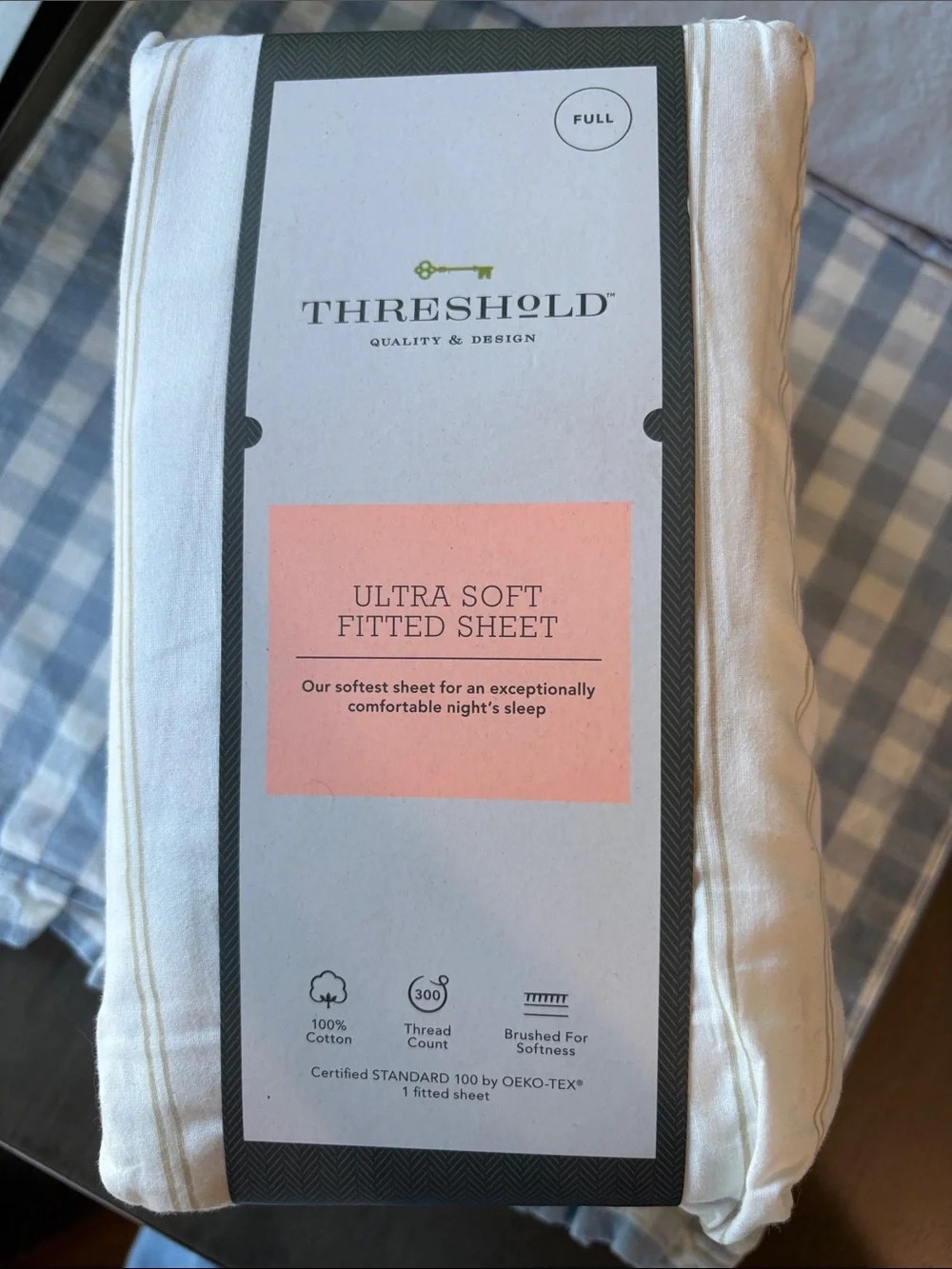 Threshold Ultra Soft Fitted Sheet - White with tan stripe